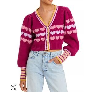 LoveShackFancy Buena Crop Cardigan Sweetheart Warm Heart XS Buttons Pink Jacket